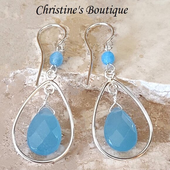 925 Sterling Silver Jewelry - Blue Quartz Drop Earrings on French Wire Earrings